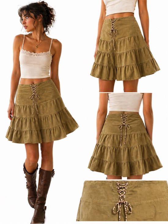 American Eagle Outfitters Dresses & Skirts - Y2K Vintage American Eagle Corduroy Tiered Skirt w Lace-Up Detail (Tan) Size 2